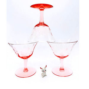 3 Pink Depression Glass Champagne Glasses Etched Floral Optic